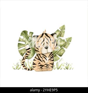 Safari acquerello disegnato a mano con tigre e foglie tropicali per i bambini Illustrazione Vettoriale