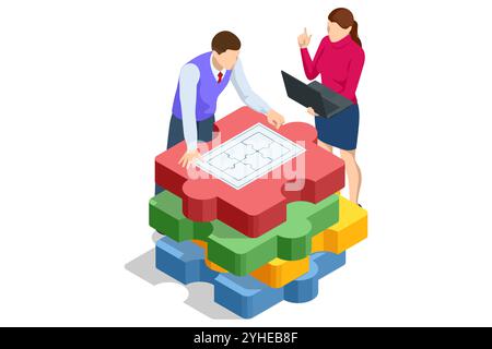 Business Puzzle isometrico. Lavoro di squadra e collaborazione. Gli uomini d'affari si uniscono ai pezzi del puzzle. Fare affari. Persone che collegano elementi puzzle Illustrazione Vettoriale