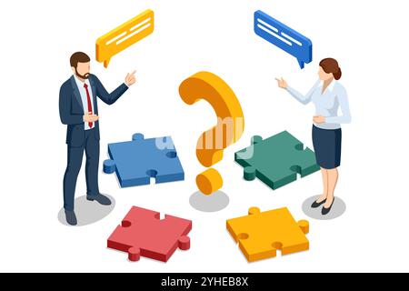 Business Puzzle isometrico. Lavoro di squadra e collaborazione. Gli uomini d'affari si uniscono ai pezzi del puzzle. Fare affari. Persone che collegano elementi puzzle Illustrazione Vettoriale