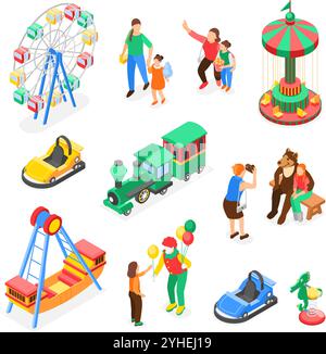 Elementi isometrici del parco divertimenti. Vagoni a ruota panoramica, altalena, clown e orso di animali da circo. Bambini con genitori che camminano, set vettoriale impeccabile Illustrazione Vettoriale
