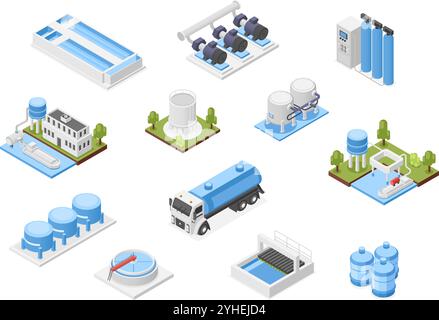 Sistema isometrico 3d per la purificazione dell'acqua. Sistemi e apparecchiature industriali per acqua pulita, separatore, trattamento, serbatoi. Set di vettori isolati impeccabili Illustrazione Vettoriale