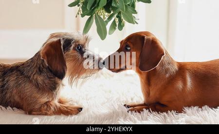 Due graziosi mini cani da salsiccia Dachshund sotto il vischio che condividono un momento dolce, baciati al naso su una morbida coperta bianca, in una camera moderna, il Seasona Foto Stock