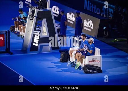 Torino, Italia. 11 novembre 2024. L'italiano Simone Bolelli e l'italiano Andrea Vavassori durante la partita contro Rohan Bopanna, dell'India e Matthew Ebden dell'Australia, all'Inalpi Arena di Torino, Italia - Sport - lunedì 11 novembre 2024. (Foto di Marco Alpozzi/Lapresse) credito: LaPresse/Alamy Live News Foto Stock