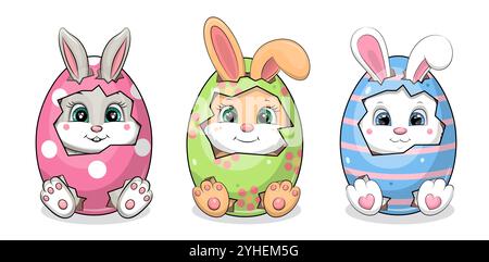 Carino cartoni animati dei coniglietti nelle uova di Pasqua. Illustrazione vettoriale di uova rosa, verde e blu su sfondo bianco. Illustrazione Vettoriale