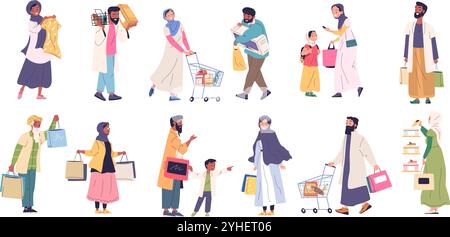 Gente araba che fa shopping. Clienti musulmani negozio saudi dubai, famiglia musulmana felice coppia araba in tradizionale abito islamico sciarpa hijab, acquirenti di vendita, illustrazione vettoriale di classe, grafica originale Illustrazione Vettoriale