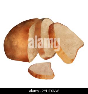Delizioso pane tostato tagliato a fette. Illustrazione acquerello in formato digitale. Pane bianco francese isolato su sfondo bianco. Pane di Bran per hea Foto Stock