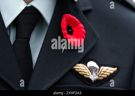 Toronto, Canada. 11 novembre 2024. Un membro delle forze Armate canadesi indossa un papavero durante una cerimonia del Remembrance Day all'Old City Hall di Toronto, Canada, l'11 novembre 2024. (Foto di Michael Chisholm/Sipa USA) credito: SIPA USA/Alamy Live News Foto Stock