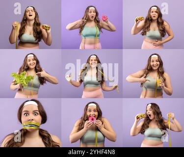 Un'interpretazione spensierata di un'alimentazione sana con una donna giocosa in nove pose Foto Stock
