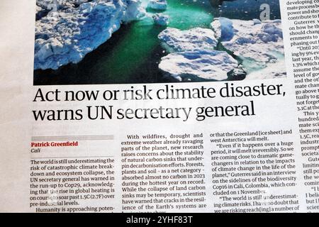 "Agire ora o rischiare un disastro climatico, avverte il segretario generale delle Nazioni Unite" titolo del quotidiano Guardian António Guterres Cop16 Columbia articolo 9 novembre 2024 Regno Unito Foto Stock