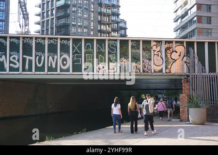 Londra, Regno Unito: Persone che camminano lungo il Regent's Canal in un pomeriggio di sole Foto Stock