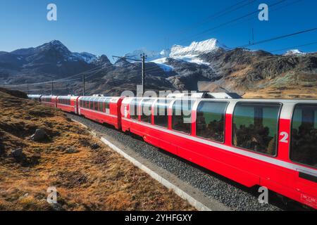 Il treno rosso si muove lungo la ferrovia sulle alpi svizzere. Autunno Foto Stock