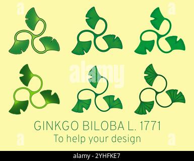 Set di illustrazioni vettoriali di foglie di ginkgo biloba usando il metodo della geometria sacra nello stile di Triskelion. Aiuto per il progettista. Illustrazione Vettoriale