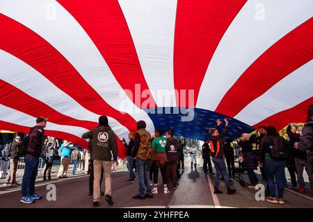 New York, New York, Stati Uniti. 11 novembre 2024. L'annuale Veterans Day Parade ha riunito veterani americani, veterani stranieri e loro sostenitori per marciare su Fifth Avenue. Una gigantesca bandiera americana trasportata lungo la 5th Avenue dal Wounded Warriors Project. Crediti: Ed Lefkowicz/Alamy Live News Foto Stock
