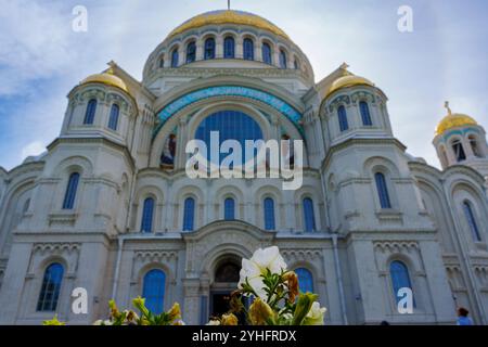 Una grande cattedrale con prominenti cupole dorate e una facciata ornata, che mostra intricati dettagli architettonici sotto un cielo blu brillante, simboleggiando il cu Foto Stock