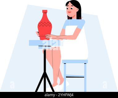 Vasaio femminile che crea vaso in ceramica in illustrazione vettoriale piatta che simboleggia l'arte, la creatività e l'artigianato, isolato su sfondo bianco Illustrazione Vettoriale