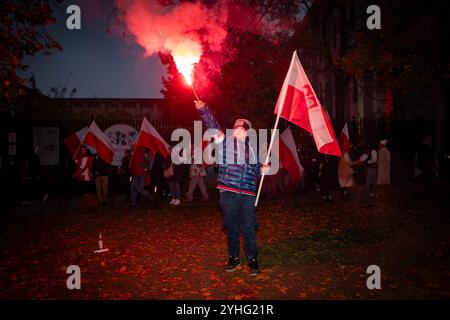 Varsavia, PL. 11 novembre 2024. La marcia dell'indipendenza è stata la prima a svolgersi da quando un nuovo governo più liberale è salito al potere alla fine dello scorso anno. Decine di migliaia di polacchi, compresi i capi dell'opposizione nazionalista, hanno attraversato Varsavia lunedì in un evento annuale dell'Independence Day tenuto dall'estrema destra, alcuni hanno sparato a colpi di rosso e trasportato striscioni anti-UE, anti-Ucraina e suprematisti bianchi. Crediti: Velar Grant/Alamy Live News Foto Stock
