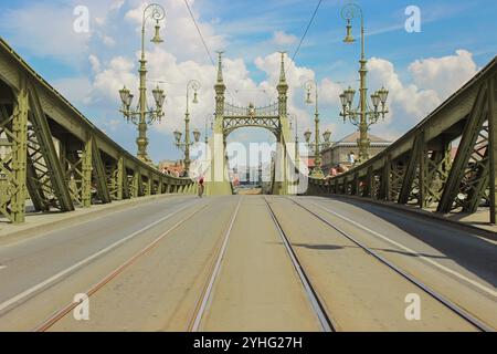 Un ciclista attraversa il verde Ponte della libertà di Budapest, mostrando le sue iconiche opere in ferro e il bellissimo design art nouveau contro un cielo luminoso. Foto Stock