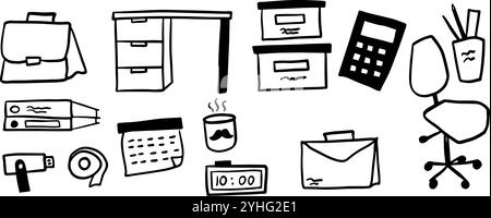 Pacchetto illustrazioni a tema oggetti Office | Vector stile Doodle minimalista Illustrazione Vettoriale