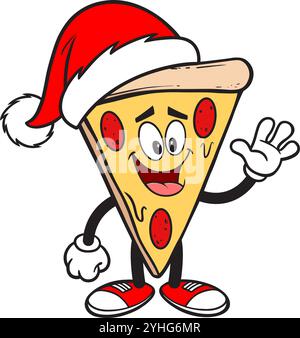 Pizza Party di Natale, illustrazione vettoriale disegnata a mano, isolata su sfondo trasparente Illustrazione Vettoriale