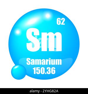 Icona del samario. Elemento chimico SM. Numero atomico 62. Massa 150.36. Vettore sfera blu. Illustrazione Vettoriale