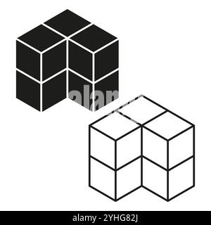 Forme astratte del cubo. Icona del blocco geometrico. Design minimalista nero. Stile 3D vettoriale. Illustrazione Vettoriale