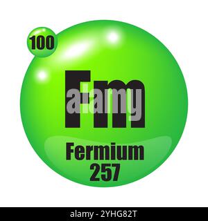 Icona Fermium. Elemento chimico FM. Numero atomico 100. Massa 257. Immagine sfera verde. Illustrazione Vettoriale