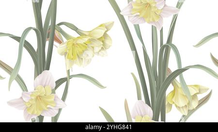 Motivo floreale senza cuciture, fiori di narcidi con foglie su bianco Illustrazione Vettoriale