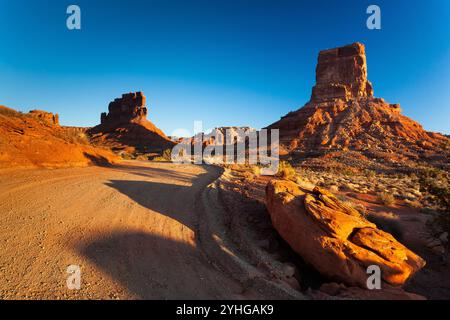 La Valley of the Gods Road si snoda attraverso i contrafforti di arenaria. Bear Ears National Monument, Utah Foto Stock