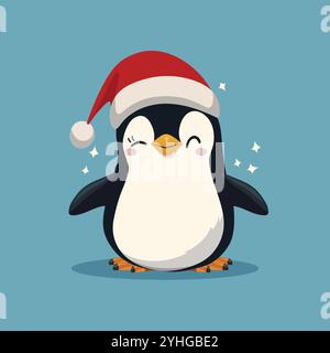 Pinguino giocoso che indossa il cappello di babbo natale. Personaggio dei cartoni animati. Illustrazione vettoriale Illustrazione Vettoriale