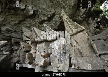 Sarcofago appeso in un tradizionale luogo di sepoltura nel villaggio di Kete Kesu, Tana Toraja, Sulawesi meridionale, Indonesia. Foto Stock