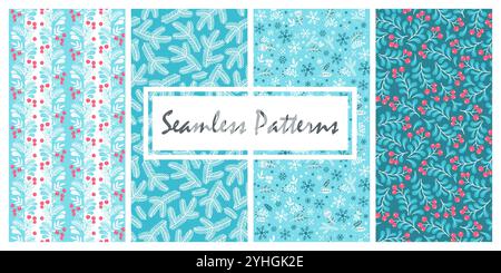 Disegno a mano senza cuciture di design natalizio con foglie di agrifoglio, punta e rami di alberi di Natale. Set di stampa moda per lo sfondo Illustrazione Vettoriale