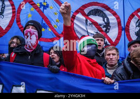 Varsavia, Polonia. 11 novembre 2024. Un partecipante di estrema destra alza il pugno durante la manifestazione. Cittadini polacchi provenienti da tutto il paese marciano per le strade di Varsavia per celebrare il giorno dell'indipendenza. L'evento riunisce decine di migliaia di partecipanti, con polacchi patriottici che si riuniscono per festeggiare. Molte famiglie portano i loro figli. Credito: SOPA Images Limited/Alamy Live News Foto Stock