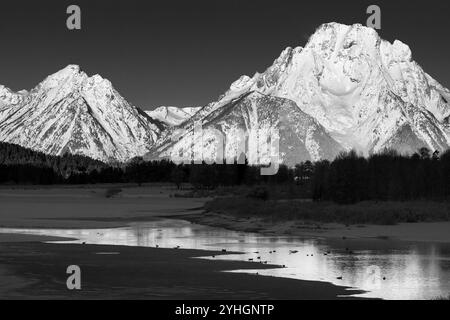 Il monte Moran si riflette in un frammento di acqua aperta lungo le coste ghiacciate di Oxbow Bend. Grand Teton National Park, Wyoming Foto Stock