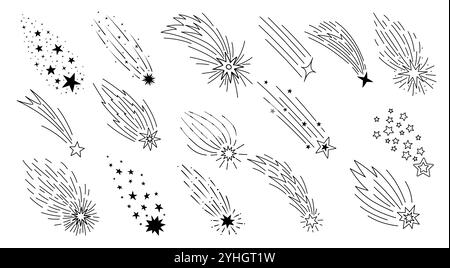 Doodle che sparano stelle o comete spaziali e meteore della galassia con percorsi, icone vettoriali dei cartoni animati. Stelle che sparano o fuochi d'artificio scintillano e scintille di fuoco o stelle scintillanti cadenti in una linea di doodle Illustrazione Vettoriale