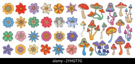 Fiori e funghi goffi dai colori vivaci. Set Vector con fiori stravaganti e piante funghi psichedeliche, fiori eclettici e giocosi con petali luminosi e funghi in stile hippie boho Illustrazione Vettoriale