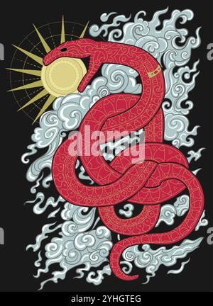 Illustrazione vettoriale colorata disegnata a mano con sole, nuvole e serpente, simbolo dell'anno secondo l'oroscopo orientale. Grafica con elementi esoterici, Illustrazione Vettoriale