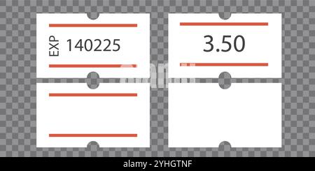 Etichetta prezzo carta autoadesiva con due strisce rosse. Etichetta prezzo vuota. Adesivo bianco per indicare la data di scadenza. Illustrazione vettoriale isolata su Illustrazione Vettoriale