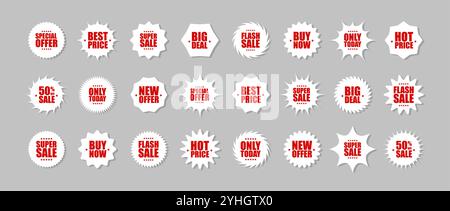Etichette dei prezzi Starburst e Sunburst. Set di bolle vocali a forma di esplosione. Collezione di etichette per la spesa. Illustrazione vettoriale Illustrazione Vettoriale