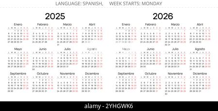 calendari orizzontali dell'anno spagnolo 2025 e 2026. Illustrazione vettoriale semplice impostata per Spagna - Calendario Espanol Illustrazione Vettoriale