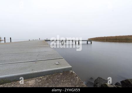 Una vista serena dello Stettiner Haff a novembre, caratterizzata da una superficie d'acqua calma e un lungo molo che si estende in lontananza sotto un cielo coperto. Foto Stock