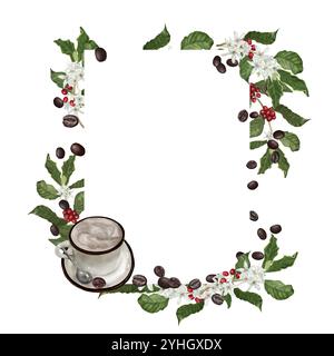 Rami di alberi di caffè e bacche rosse. Illustrazione digitale ad acquerello. Tazza in porcellana su un piattino, isolata su sfondo bianco. Una corona di ramoscelli, l Foto Stock