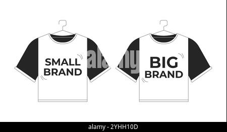Set di oggetti 2D in bianco e nero con magliette piccole e grandi su grucce Illustrazione Vettoriale
