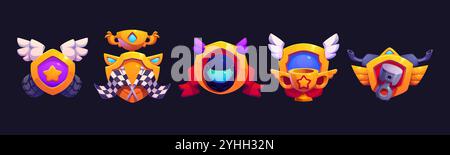 Distintivi premio per le corse automobilistiche e automobilistiche con ali, stelle, bandiere a scacchi e parti del motore all'interno di scudi dorati. Trofeo grafico vettoriale cartoni animati che simboleggia i successi e la progressione nel gioco di corse Illustrazione Vettoriale