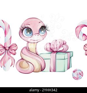 Ragazza di serpente rosa con confezione regalo verde e fiocco rosa, canna da zucchero. Motivo senza cuciture ad acquerello, bordo con il Capodanno 2025 di Symbol of Chines in un simpatico cartone animato Illustrazione Vettoriale