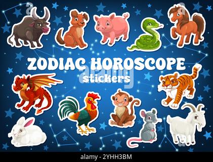 Cartoni animati zodiaco oroscopo animali confezione di adesivi. Caratteri dell'oroscopo del capodanno cinese vettoriale. Drago, serpente, cavallo e coniglio, capra, tigre, adesivi per cani e scimmie, ratti, maiali, buoi e animali di gallo Illustrazione Vettoriale