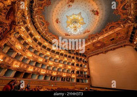 Teatro la Fenice interno del teatro dell'opera nella città di Venezia, Italia. Magnifici interni in stile rococò con gallerie dell'auditorium, palco e soffitto con ch Foto Stock