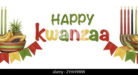 Happy Kwanzaa bordo senza cuciture di Kinara con piatto di frutta e ghirlanda. Illustrazione delle festività con acquerello disegnato a mano di un simbolo tradizionale. Isolato Foto Stock