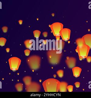 Lanterne che fluttuano nel cielo notturno. Vacanze in Thailandia con lanterne di carta che volano nel cielo notturno. Celebrazioni per il festival delle lanterne. Illustrazione vettoriale su sfondo sfumato viola. Illustrazione Vettoriale