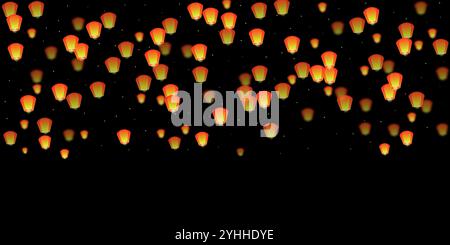 Chiang mai celebrazione di Loy Krathong. Vacanze in Thailandia con lanterne di carta che volano nel cielo notturno. La tradizione culturale di Chiang mai. Illustrazione vettoriale su sfondo nero. Illustrazione Vettoriale