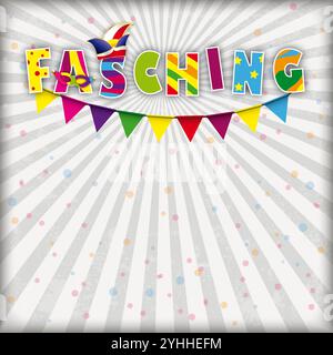 Fasching Jesters Cap Splash Grigio retro Sun Cover testo tedesco Fasching, Translate Mardi Gras. Foto Stock